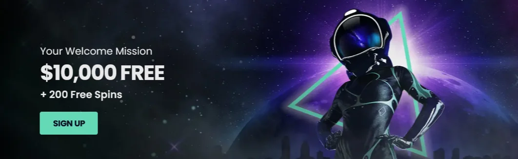 Astronaut mascot promoting Stellar Spins sign-up bonus