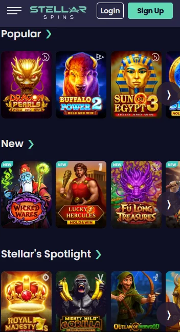 Stellar Spins mobile website game lobby