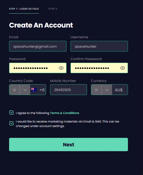 Account creation form, step one, at Stellar Spins